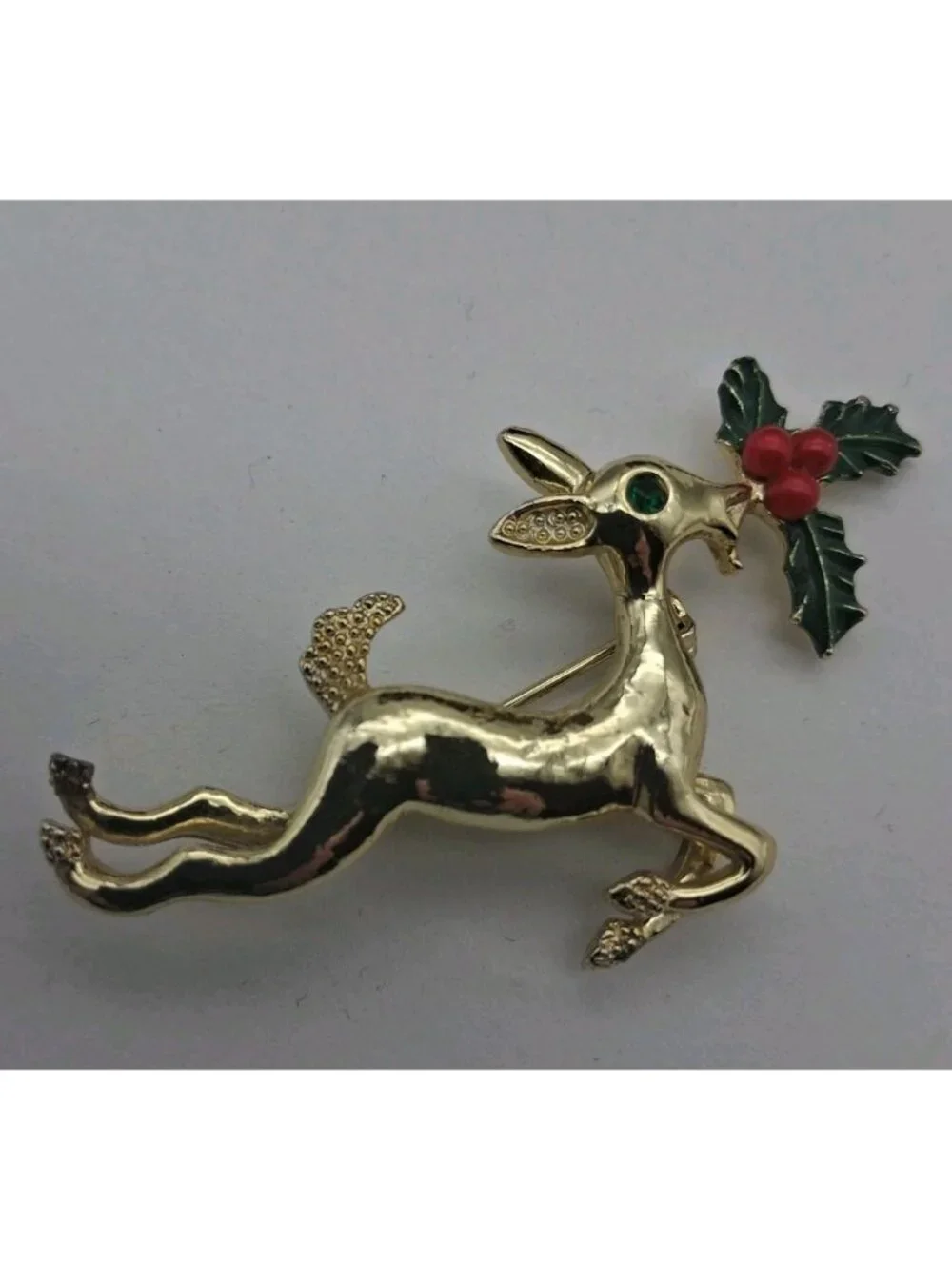 Vtg Reindeer Holly Brooch Pin Enamel Goldtone Jumping Rhinestone Christmas Gerry